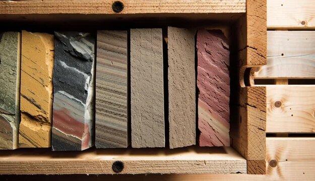 Geological rock core samples in wooden crate displaying layers and textures
