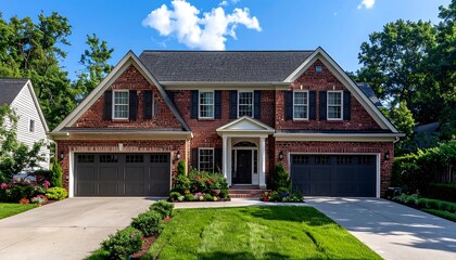 A two-story brick residential building with a dark roof, a green lawn, and a well-manicured landscape. Garage doors on either side