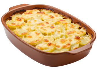 A serving of potato gratin with cheese isolated on transparent or white background. PNG