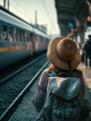 Travelers at Train Station with Vintage Hat and Backpack Enjoying Journey to New Destinations