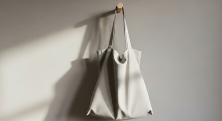 Light colored canvas tote bag hanging on a wooden peg against a neutral wall with soft shadows canvas bag