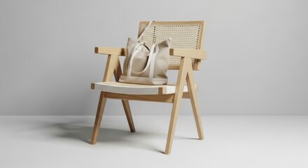 Light wood armchair with cane back and beige tote bag on seat furniture