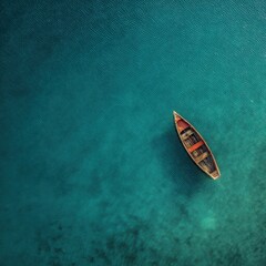 Aerial View of a Single Wooden Boat on Clear Blue Tropical Water Surface in Calm Sunshine