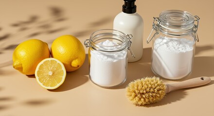 eco-friendly cleaning set with lemons and baking soda on a sunny kitchen counter