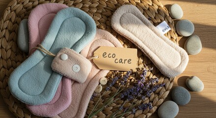 eco-friendly feminine hygiene products with lavender on woven mat promoting sustainable care