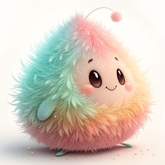 Adorable fluffy creature mascot with pastel fur, big cartoon eyes, and soft round shape. 3D illustration in kawaii style with gentle lighting and cute character design.