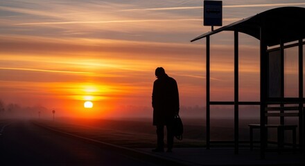 Lone figure silhouetted at bus stop against vibrant orange sunset sky person waiting