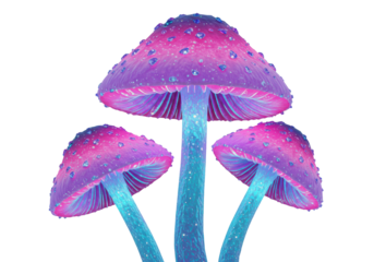 Three fantastical bioluminescent mushrooms with iridescent pink, purple, and blue glowing details, crystalline specks on a transparent studio background, magical fantasy nature concept