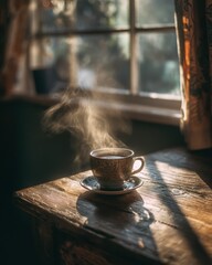 Morning Coffee with Steam Rising in a Cozy Room Illuminated by Soft Natural Light