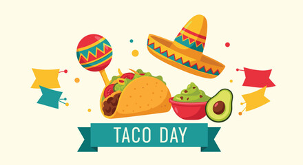 Happy taco day celebration with festive decorations and food.