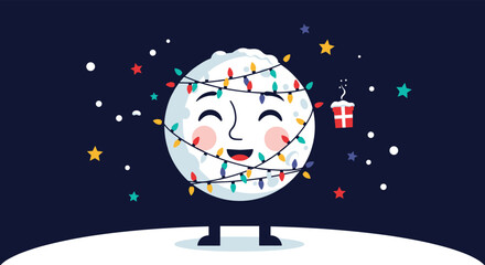 Naklejka premium A cheerful moon is decorated with festive holiday lights on a starry night.