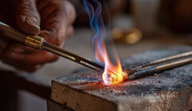 Slow motion macro close up of experienced goldsmith heating a precious metal for making a handmade jewelry in a workshop
