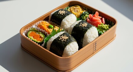 colorful japanese bento box with rice balls and assorted vegetables in natural light