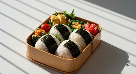 traditional japanese bento box with rice balls and assorted vegetables in sunlight