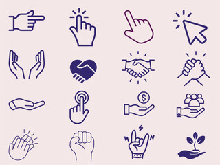 A vector set of hand icons and gestures including pointing, fist, and palm silhouettes for design and illustration