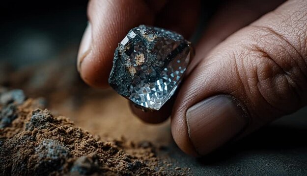 Raw diamond held by jewelry hand in dark setting