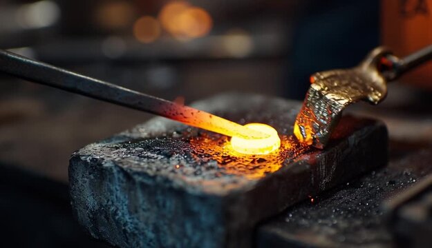 Slow motion macro close up of experienced goldsmith heating a precious metal for making a handmade jewelry in a workshop
