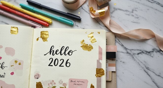 open planner with hello 2026 message surrounded by colorful stationery on marble desk
