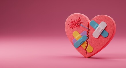 broken heart with colorful bandages on pink background symbolizing healing and love recovery