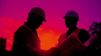 Two construction professionals in hard hats review blueprints against a vibrant sunset sky