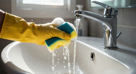 hand in yellow glove cleaning bathroom sink with sponge and running water