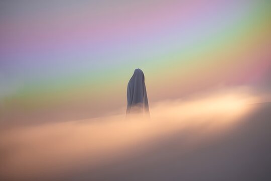 Solitary Shrouded Figure Standing in Dreamlike Fog Beneath a Pastel Rainbow Sky at Sunset