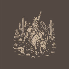 Vintage Retro Western Artwork of Cowboy Bull Riding – Hand-Drawn Illustration