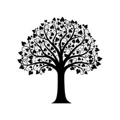 Stylized Black Silhouette of a Tree with Intricate Leaf Patterns.