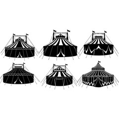 Set of six vintage circus tents in black and white silhouette, ready for a grand show.