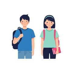 Two happy young students with backpacks ready for school.