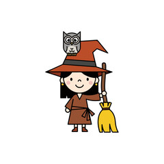 Charming Witch Illustration with Owl and Broomstick for Halloween.