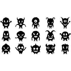 Collection of Cute and Spooky Cartoon Monster Silhouettes for Halloween.