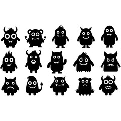 Collection of Silhouetted Cute and Spooky Cartoon Monsters.