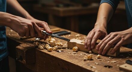 artisan hands crafting wooden sculpture using chisel in cozy workshop with rustic decor