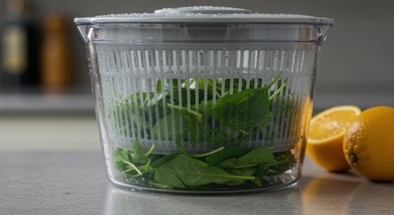 fresh spinach leaves in a salad spinner with citrus fruits on kitchen countertop