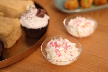 Buffet menu. Different delicious desserts on table, selective focus