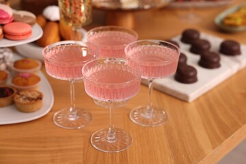 Buffet menu. Delicious desserts and drinks on table, selective focus
