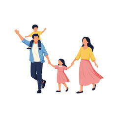 Happy family of four walking together holding hands in a vector illustration.
