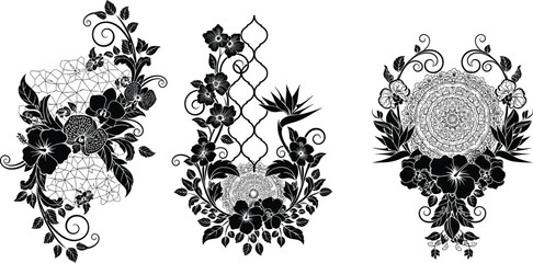 Floral vector design, circular botanical motif, symmetrical flower illustration, bird and vine artwork, black and white ornament, nature inspired tattoo style