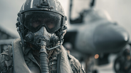 Fototapeta premium Fighter pilot in full gear stands strong before military jet at airbase