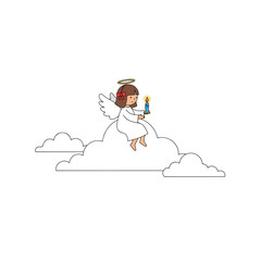 Cute cartoon angel girl with halo and wings sitting on a cloud.
