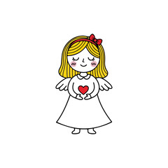Cute angel girl with blond hair holding a red heart illustration.