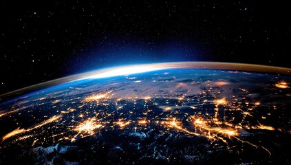 Obraz premium A view of Earth from space, highlighting the network of city lights across continents.
