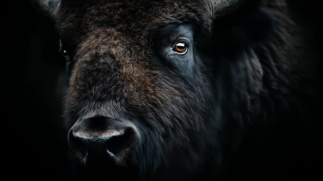 Close up of a bisons eye and head in shadowy portrait