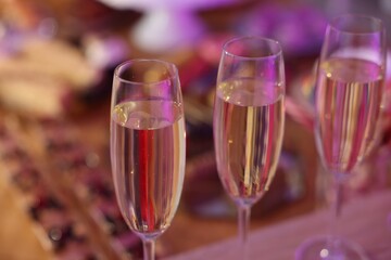 Buffet menu. Delicious desserts and drinks on table, selective focus