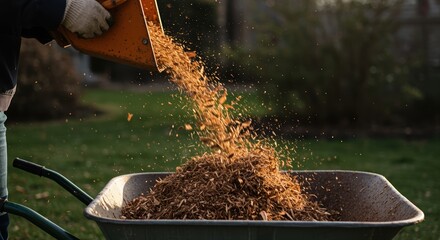 gardener pouring wood chips into wheelbarrow in backyard with sunlight