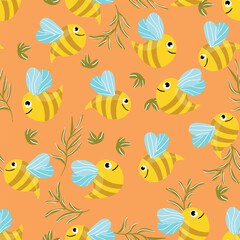 Seamless pattern with bees. Small wasp. Vector illustration. Design for invitation, cards, textile, fabric. Doodle style.