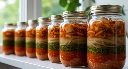 row of homemade kimchi jars fermenting on kitchen windowsill in natural light
