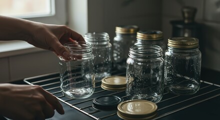 hands organizing glass jars on kitchen drying rack with lids, natural light ambiance