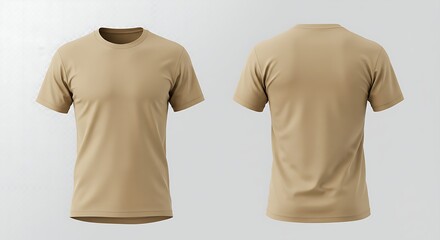 Men's beige crew neck t-shirt template, front and back view. Isolated on transparent background, png